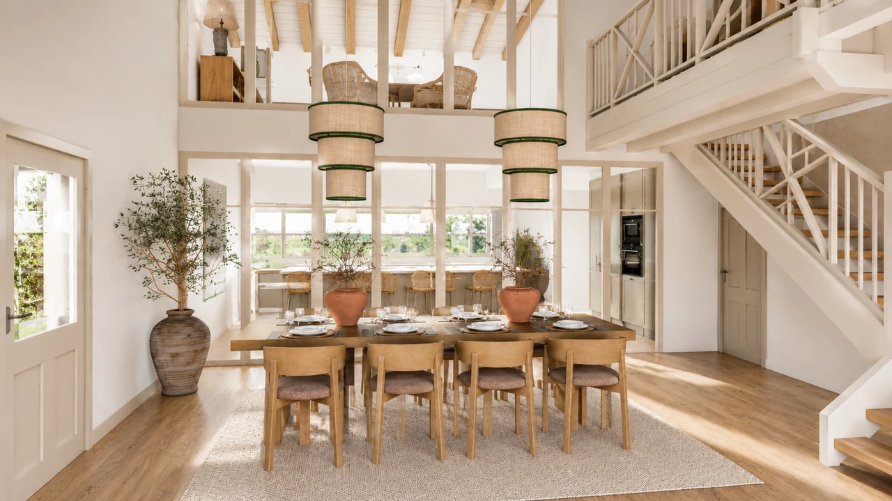 comedor-rustico-mesa-madera-escalera