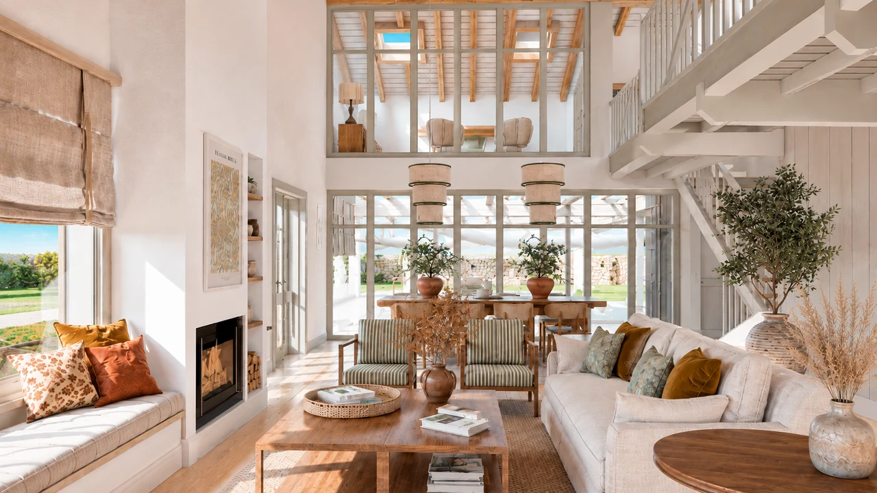 salon-vigas-altura-doble-chimenea-buhardilla